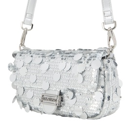 Mario Valentino grey crossbody bag with large disc sequin embellishment, silver hardware clasp, and adjustable shoulder strap.