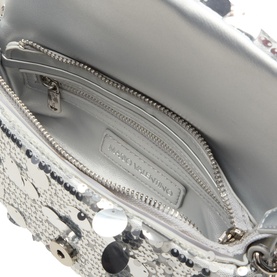 Mario Valentino grey crossbody bag interior view, silver-toned hardware, zip pocket, sequin embellished exterior visible, silver lining