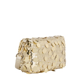 Mario Valentino yellow crossbody bag with large round gold sequin embellishment, gold-tone hardware, and adjustable shoulder strap.