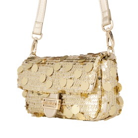 Mario Valentino yellow crossbody bag with large gold sequin and disc embellishments, gold-tone clasp, and adjustable fabric strap.