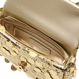 Mario Valentino yellow crossbody bag, open top view showing cream interior with zip pocket and gold disc embellishment exterior