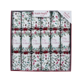 Robin Reed Evergreen Christmas Cracker 12-Pack in white with festive botanical holly and berry print, red ribbon ties, box of 12