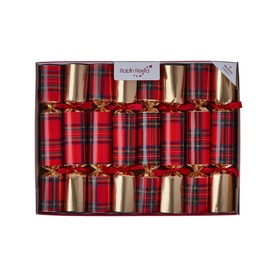 Robin Reed red tartan and gold Christmas crackers, set of 6, presented in open display box with bow ties