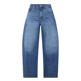 Seven Jeans Skyfrost wide-leg barrel jeans in mid-blue denim wash, high waist, five-pocket styling, 100% cotton
