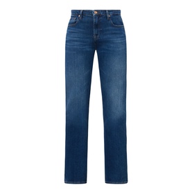 Mid-blue straight-leg jeans with faded wash, five-pocket styling, and button fly, shown flat against white background
