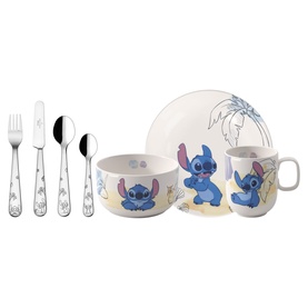 Villeroy & Boch Disney Stitch Children's 7-Piece Crockery Set in white porcelain with Stitch illustrations; includes plate, bowl, mug and cutlery