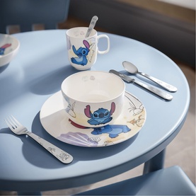 Villeroy & Boch Disney Stitch Children's 7-Piece Crockery Set in white porcelain with Stitch print, shown with plate, bowl