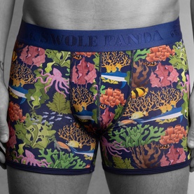 Swole Panda multi-coloured coral reef print boxer shorts with navy waistband, featuring fish, octopus and tropical sea life pattern