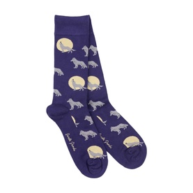 Swole Panda dark blue socks with repeating silver wolf and moon print pattern, one size