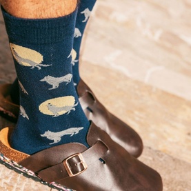 Model wearing Swole Panda dark blue socks with hedgehog print, styled with brown leather Birkenstock sandals