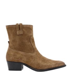 All Saints tobacco brown suede ankle boot with pointed toe, pull tab, and stacked block heel