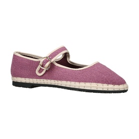 Pink canvas Mary Jane flat shoe with buckle strap, cream espadrille-style trim, and dark rubber sole