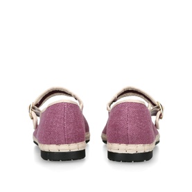 Purple canvas flat shoes with cream strap detail and dark rubber sole, shown from the rear