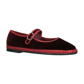 Flabelus red velvet Mary Jane flat shoe with buckle strap, contrast red trim and stitching detail on dark rubber sole