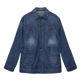 All Saints dark indigo denim chore jacket with button front, chest pockets, and contrast stitching