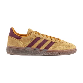 Adidas Handball Spezial trainers in preloved yellow and shadow red, suede upper, burgundy three stripes, gum sole