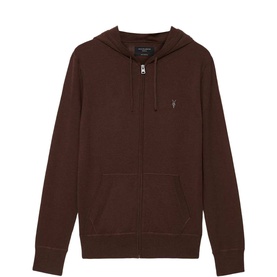 All Saints hot chocolate brown zip-through hoodie with small Ramskull logo embroidery and front zip fastening
