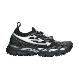Off-White black knit trainer with chunky ridged rubber sole, white logo detail, and lace-free bungee closure