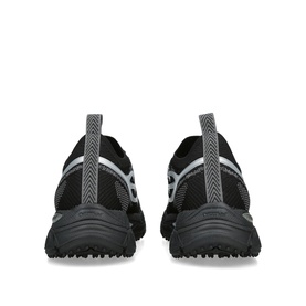 Off-White black chunky trainers, rear view, grey knit upper with reflective stripe detail and black ridged rubber sole