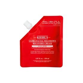Kiehl's Ultra Facial Meltdown Recovery Cream refill pouch in red, 150ml, with twist cap and eco refill labelling.
