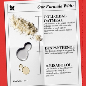 Kiehl's formula breakdown showing Colloidal Oatmeal, Dexpanthenol, and &alpha;-Bisabolol key ingredients with textures on red background.