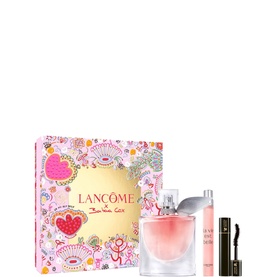 Lancome La Vie Est Belle fragrance gift set with decorative floral box, eau de parfum, travel spray, and mascara