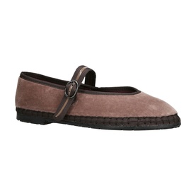 Flabelus mary jane flat in white suede with dark brown buckle strap and black espadrille-style sole