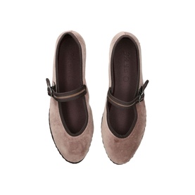 Flabelus Mary Jane flats in taupe suede with dark buckle strap, viewed from above showing brown insole