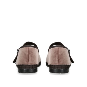 Flabelus white velvet ballet flats with black strap and black rubber sole, rear view showing heel detail