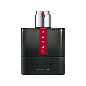 Prada Beauty Luna Rossa Carbon Eau de Parfum 50ml, dark grey flacon with red branded ribbon detail and silver cap