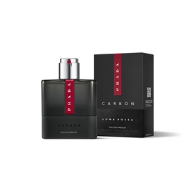 Prada Beauty Luna Rossa Carbon Eau de Parfum 50ml, dark grey bottle with silver cap and red detail, beside matching black box