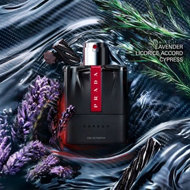 Prada Beauty Luna Rossa Carbon Eau de Parfum 50ml, dark bottle with red cap, styled with lavender and cypress botanicals
