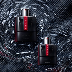 Prada Beauty Luna Rossa Carbon Eau de Parfum 50ml, two black flacons with red detail on dark water-splashed surface