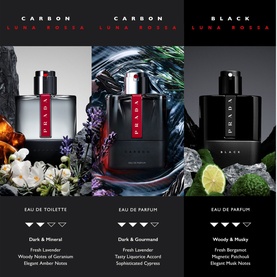 Prada Beauty Luna Rossa Carbon Eau de Parfum 50ml shown alongside Carbon EDT and Luna Rossa Black EDP with fragrance note descriptions