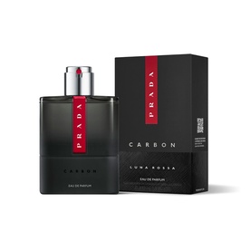 Prada Beauty Luna Rossa Carbon Eau de Parfum 100ml, dark grey bottle with red Prada label, shown with matching black and red box