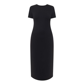 Spanx dress in Classic Black, short sleeve midi length with round neckline and fitted silhouette