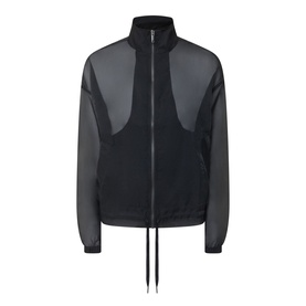 Spanx jacket in Very Black with sheer mesh panels, zip front, funnel neck, and drawstring hem