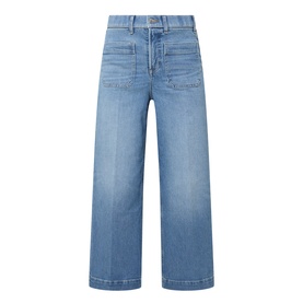 Light blue wide-leg cropped jeans with patch pockets, belt loops, and a relaxed fit, displayed flat on white background