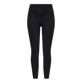 Black high-waist full-length leggings with wide waistband, shown flat on white background