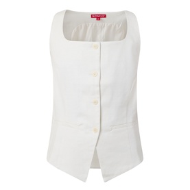 Spanx ivory waistcoat-style top with square neckline, button-front fastening, and front pockets. Cotton-linen blend.
