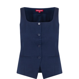 Spanx top in Timeless Navy, square neckline, button-front fastening, two front pockets, sleeveless tailored waistcoat style