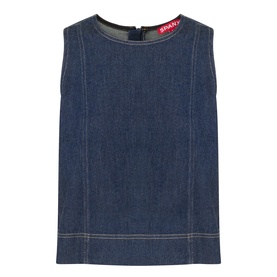 Spanx Lightweight Denim Shell Tank in Deep Sea, sleeveless with round neckline, contrast topstitching and back zip fastening