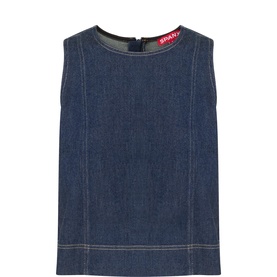Spanx Lightweight Denim Shell Tank in Deep Sea, sleeveless with round neckline, contrast topstitching and back zip fastening