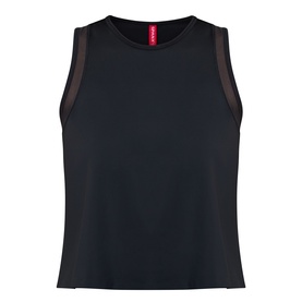 Spanx Sheeriours Panel Performance Top in Very Black, sleeveless with round neckline, straight hem and sheer mesh side panels