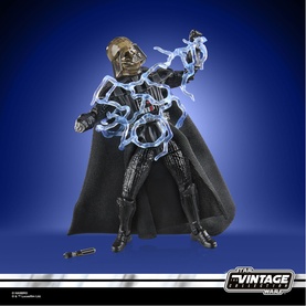 Star Wars Vintage Collection action figure of Emperor Palpatine with blue Force lightning effects and black cloak, multi-coloured