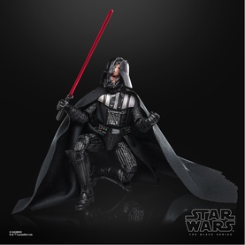 Star Wars Black Series Darth Vader action figure in black armour and cape, wielding a red lightsaber, dynamic kneeling pose