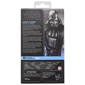 Star Wars The Black Series Darth Vader Duel's End action figure, packaging rear view showing multilingual text and age rating