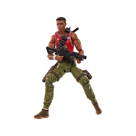 Superheroes multicoloured action figure with red vest, green combat trousers, and weapon accessories, in dynamic pose