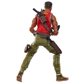 Superheroes action figure in red vest and green trousers, holding weapon accessory, viewed from behind, multicoloured
