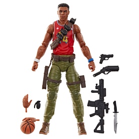 Superheroes action figure in red jersey and green cargo pants, displayed with accessories including guns, knife, basketball, and grenade